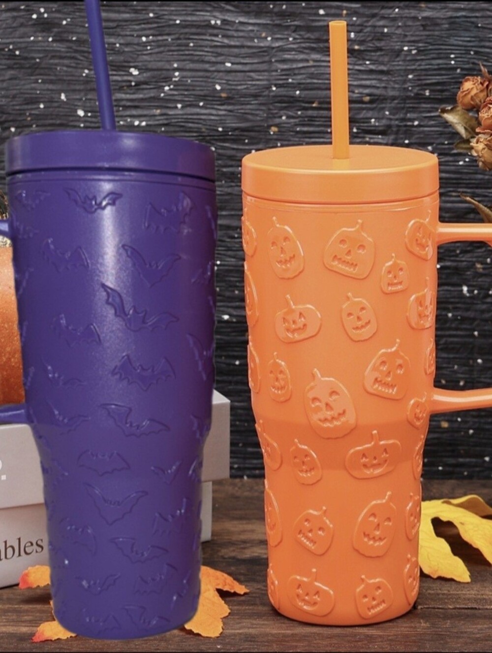 2 Halloween Embossed  Bat & Pumpkin Reusable Tumbler Set